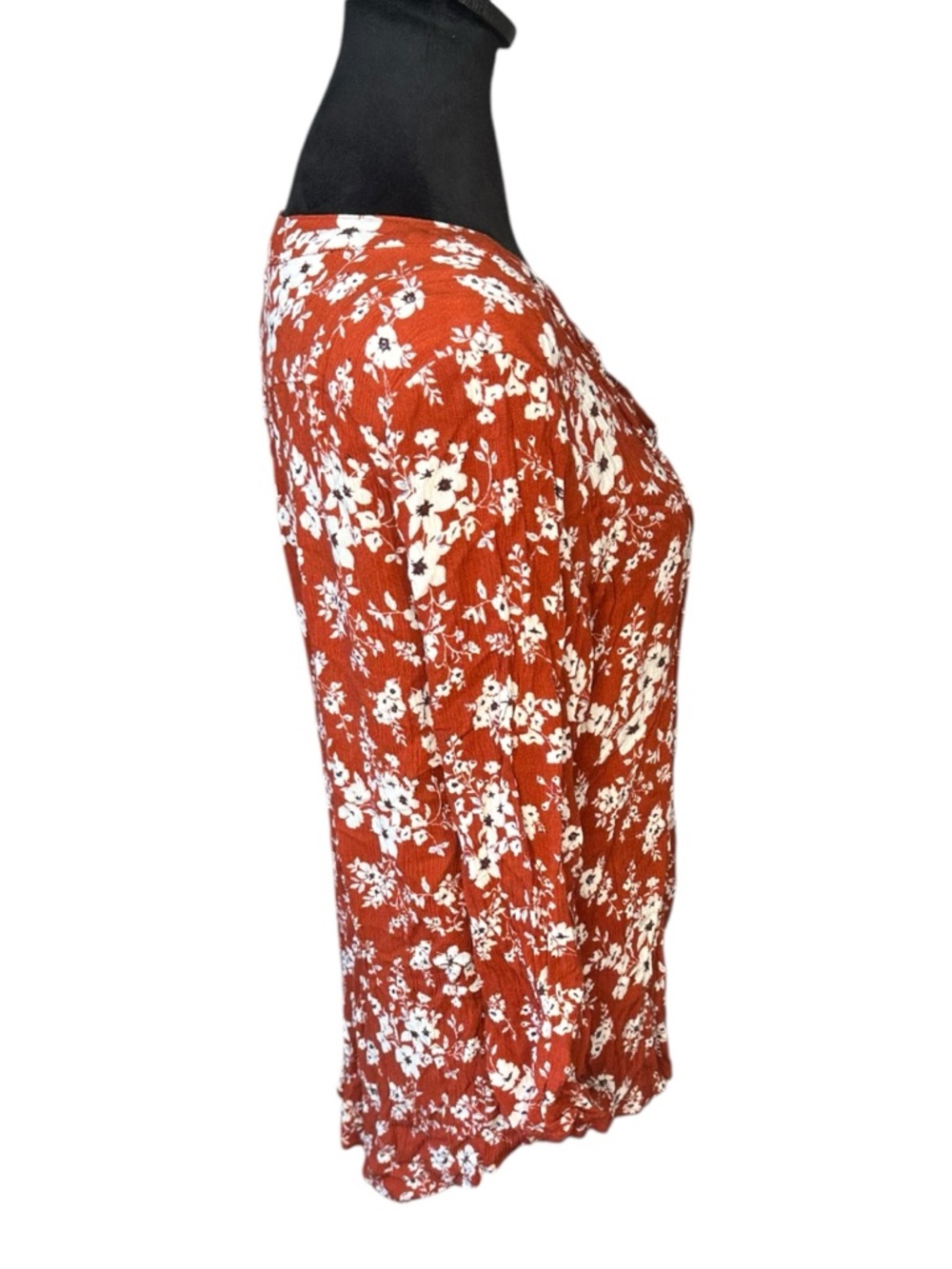 Monday Fun Dark Red / Rust Floral Crinkle Gauze Blouse – Boho Split Neck – Size - Picture 4 of 9